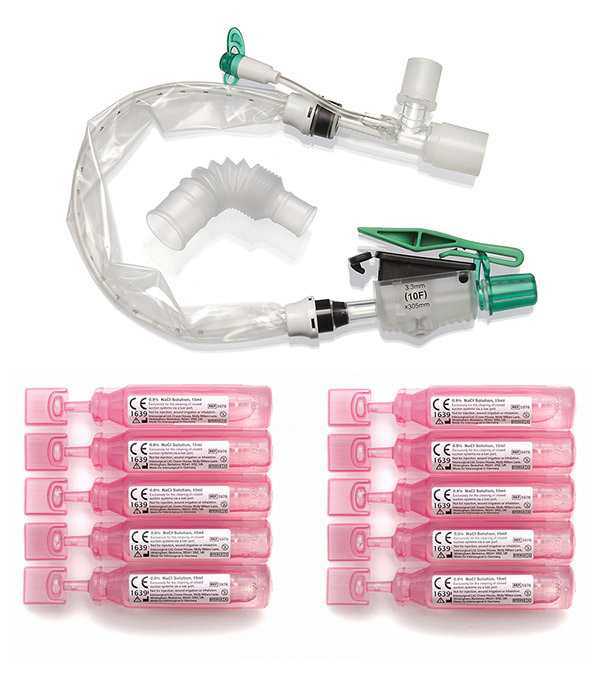 TrachSeal™ adult tracheostomy closed suction system with saline ampoules, 24 hour, size F10
