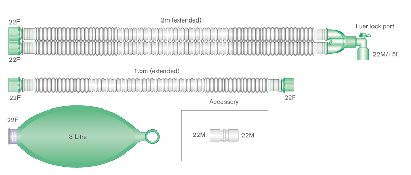 22mm Compact™ breathing system with 3 L bag, luer elbow and limb, ≥ 2.0m