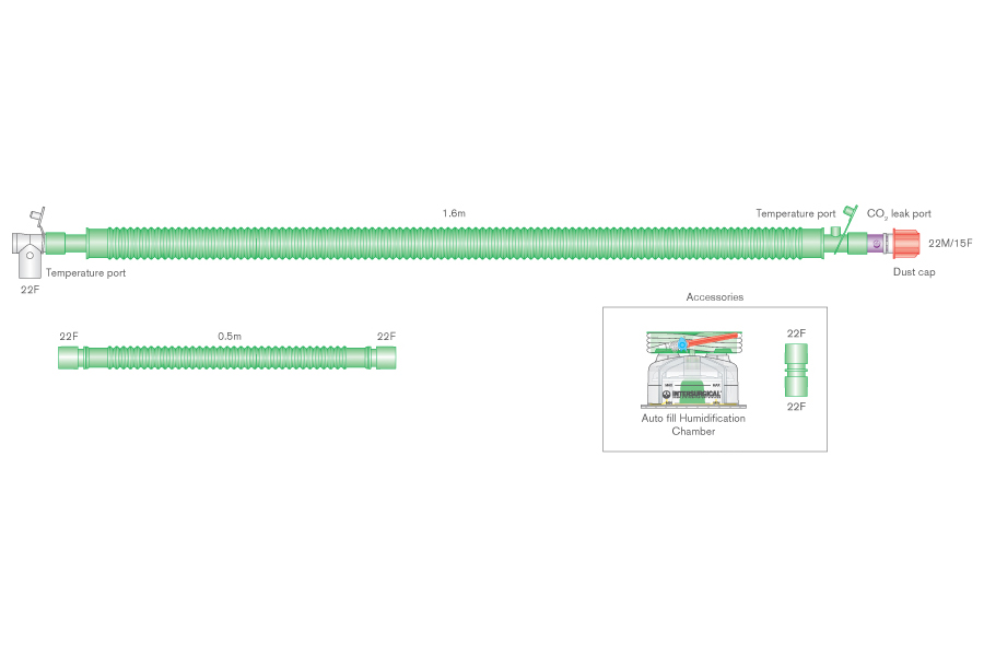 30mm Flextube bilevel heated wire breathing system with swivel CO₂ leak port, auto-fill chamber and extra limb. ≥ 1.6m