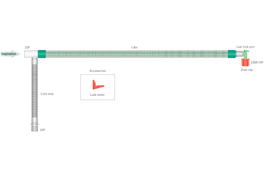22mm DuoFlow breathing system with luer elbow, ≥ 1.8m