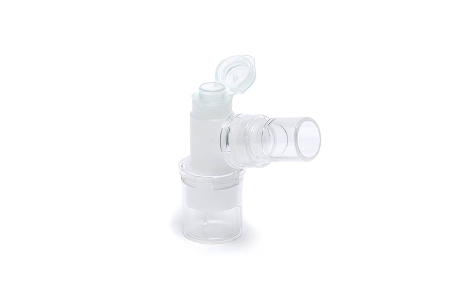 Double swivel elbow, 15M - flip top cap with 7.6mm port - 22M/15F