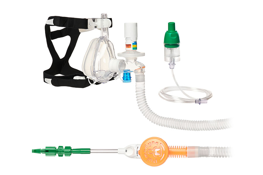 O2-MAX™ Trio System with Schrader Quik-Connect™, with smoothbore tube, 3-SET™ adjustable PEEP valve, nebuliser and BiTrac ED Mask, large adult