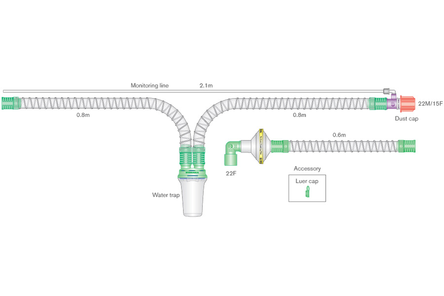 22mm Smoothbore bilevel breathing system for use with the NKV-330™ ventilator, with monitoring line, water trap, swivel CO₂ leak port and Flo-Guard filter, ≥ 1.6 m