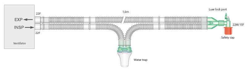 22mm Flextube™ breathing system with luer elbow, and single water trap, ≥ 1.6m